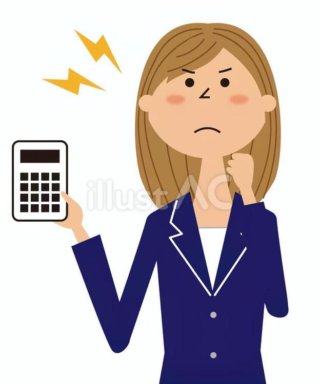 計算機を持って怒った表情のスーツ姿の女性 計算機,見積もり,費用のイラスト素材