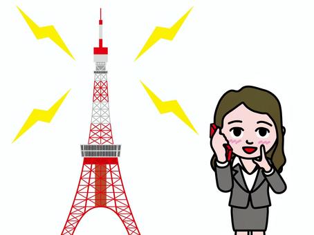 スマホ基地局とスマホ02_CS3 基地局,スマホ,女性,高速,通信,次世代,電波,電磁波,アンテナ,電話のイラスト素材