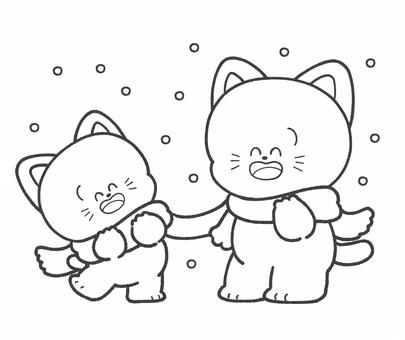 冬の猫たちの白黒手描きイラスト1