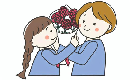 母の日にカーネーションの花束を贈る女の子