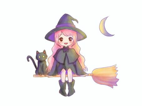 水彩画風魔女と猫のイラスト 魔女,猫,黒猫,箒,ハロウィン,ファンタジー,10月,秋,仮装,コスプレのイラスト素材