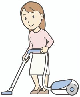  ロングヘア女性-261-全身 掃除,女性,女の子,人物,かわいい,家事,クリーニング,清掃,掃除機,床掃除のイラスト素材