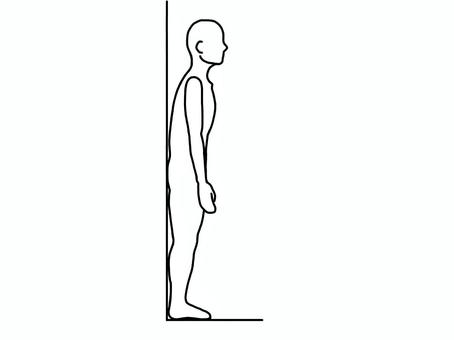 後ろの壁に頭と肩と背中をつけずに立つ人 猫背,巻き肩,立位,横向き,線画,白黒のイラスト素材