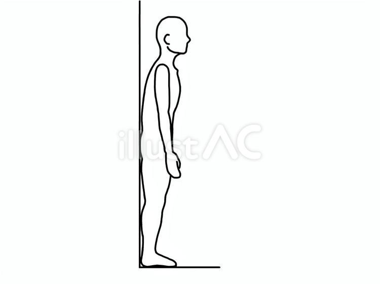 後ろの壁に頭と肩と背中をつけずに立つ人 猫背,巻き肩,立位のイラスト素材