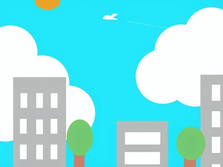 オフィス街の背景 ビル,背景,建物,窓,木,植物,青空,太陽,雲,飛行機のイラスト素材