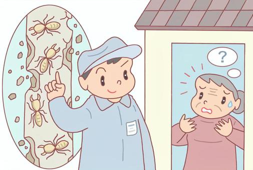 シロアリ駆除・点検商法 シロアリ駆除,点検商法,害虫駆除,悪徳業者,悪質業者,消費者トラブル,お婆さん,高齢者,社会問題,男性のイラスト素材