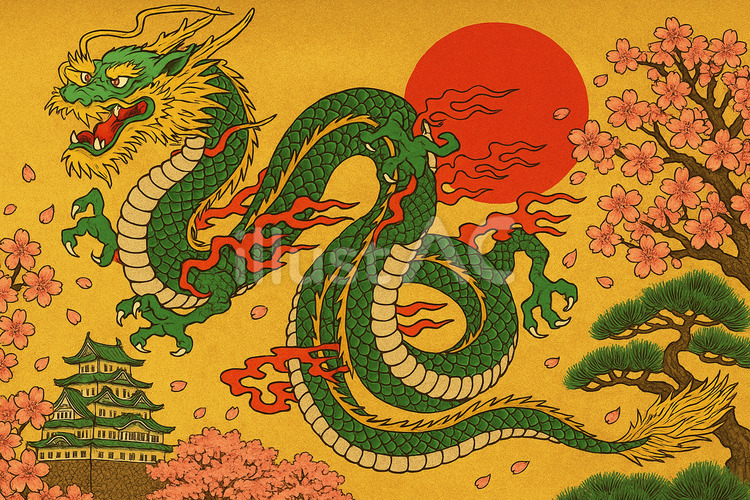 春の空を舞う龍 和風,浮世絵風,龍のイラスト素材