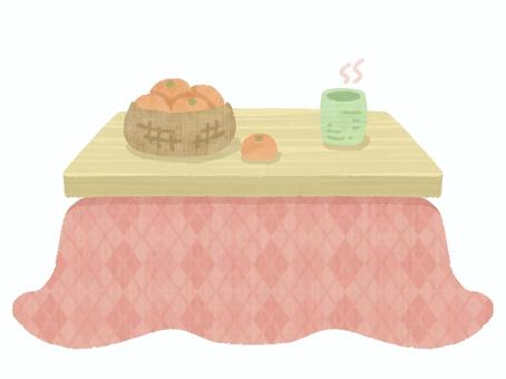 みかんとお茶が乗ったこたつ みかんとお茶が乗ったこたつ 炬燵,赤色,みかん,かご,お茶,湯呑み,天板,机,布団,家具のイラスト素材