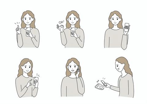 スマホを持った女性のパターン セット スマホ,携帯,決済,レジ,インターネット,女性,若い,主婦,20代,30代のイラスト素材