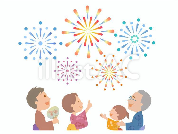 200624.花火を見上げる家族 夏,夏祭り,花火のイラスト素材
