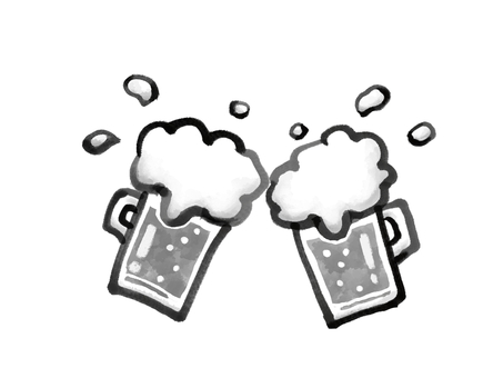 ジョッキ生ビール乾杯　白黒２杯 ジョッキビール,ビール,乾杯,ジョッキ,泡,筆線,カンパイ,手書き,手描き,アイコンのイラスト素材