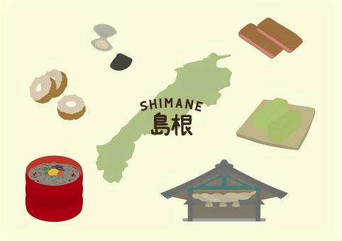 島根イラストセット 島根,しじみ,あご野焼,出雲そば,出雲大社,地図,ご当地,観光地,グルメ,食材のイラスト素材