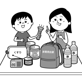 防災グッズ確認_日本人親子_モノクロ 家族,親子,防災,非常持ち出し袋,ファミリー,上半身,母親,男の子,男子,防災セットのイラスト素材
