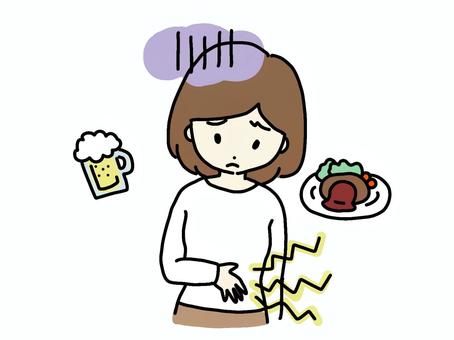 胃痛、胃もたれでお腹の具合が悪い人 胃痛,胃もたれ,お腹,胃腸,女性,困り顔,苦痛,ビール,お酒,食べ物のイラスト素材