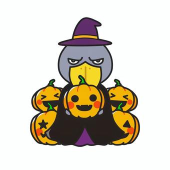 ハロウィンかぼちゃに囲まれたハシビロコウ ハロウィン,コスプレ,ハシビロコウ,マント,帽子,ジャックオランタン,橙,オレンジ,10月,行事のイラスト素材