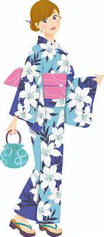 浴衣女性ー百合柄 浴衣,夏,祭り,盆踊り,女性,着物,和装,お出掛け,花火大会,デートのイラスト素材