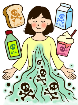 四毒を抜く女性 四毒,アレルギー,食品,添加物,小麦,グルテン,砂糖,乳製品,牛乳,不耐性のイラスト素材