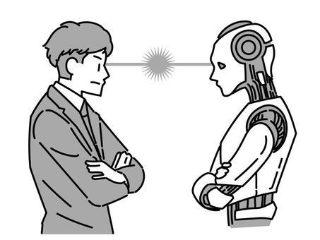 対立する人間とAIロボット 男性,人間,腕組み,ロボット,ai,テクノロジー,進化,最新技術,未来,対立のイラスト素材