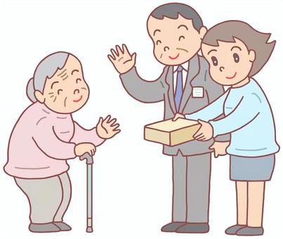 地域行政による敬老事業 高齢者支援,敬老事業,長寿祝い,福祉活動,地域福祉,自宅訪問,要介護者,役所職員,お婆さん,高齢者のイラスト素材