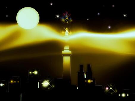 夜景/月夜のスカイツリー・ゴールド 夜景,月夜,星空,スカイツリー,ゴールド,夜空,星,夜,ビル街,ビジネスのイラスト素材
