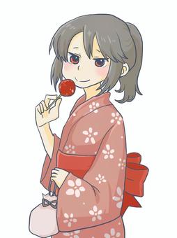 Illustration, female, yukata, ponytail, 