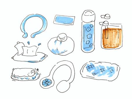 いろんな冷やすグッズ 冷却,氷のう,シート,おしぼり,水筒,麦茶,手描きのイラスト素材