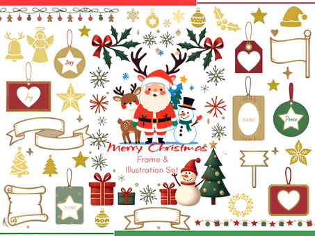 クリスマスミニイラストセット cf003 クリスマス,フレーム,枠,サンタ,サンタクロース,見出し,イラスト,トナカイ,クリスマスツリー,リースのイラスト素材