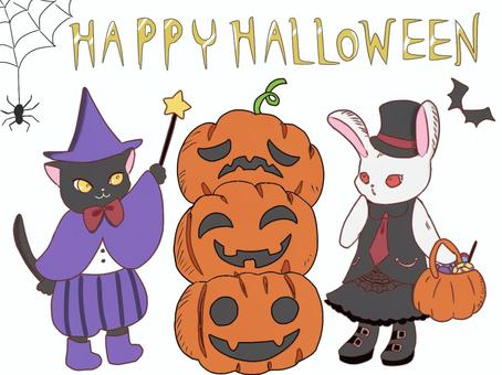 猫とうさぎのハロウィン 猫とうさぎのハロウィン 黒猫,ハロウィン,白うさぎのイラスト素材