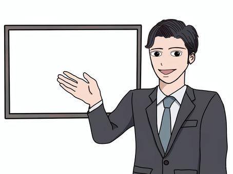 笑顔でプレゼンするスーツ姿の男性 笑顔,プレゼン,スーツ,男性,ホワイトボード,案内,説明,ビジネスマン,ビジネス,会社員のイラスト素材