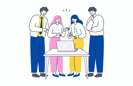 PC見ながら相談するビジネスチーム 人物,男女,ビジネス,会議,打ち合わせ,ディスカッション,ミーティング,相談,話し合い,チームのイラスト素材