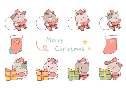 クリスマスセット クリスマス,プレゼント,サンタクロース,猫,犬,くま,うさぎ,動物,冬,帽子のイラスト素材