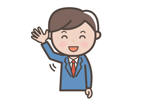 手を振って挨拶する男性会社員のイラスト 男性,スーツ,挨拶,返事,ビジネスマン,笑顔,挙手,賛成,会社員,サラリーマンのイラスト素材