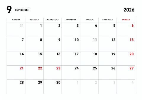 月曜始まり2026年9月カレンダーA4 カレンダー,スケジュール,印刷,横型,月曜始まり,シンプル,スタイリッシュ,月曜日,火曜日,水曜日のイラスト素材