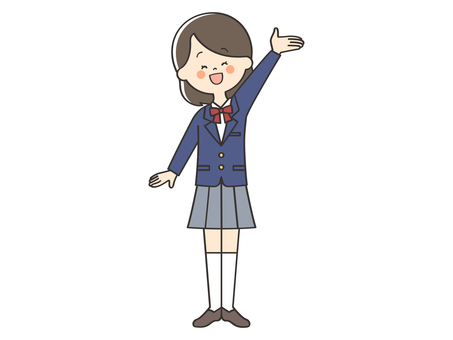 案内する女子学生 紹介,案内,説明,教える,元気,手を振る,手をあげる,挙手,声かけ,呼びかけのイラスト素材