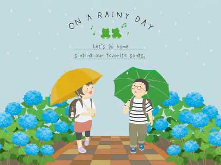 梅雨2（文字あり） 梅雨,子供,小学生,あじさい,下校,歩道,歩く,傘,6月,てるてる坊主のイラスト素材