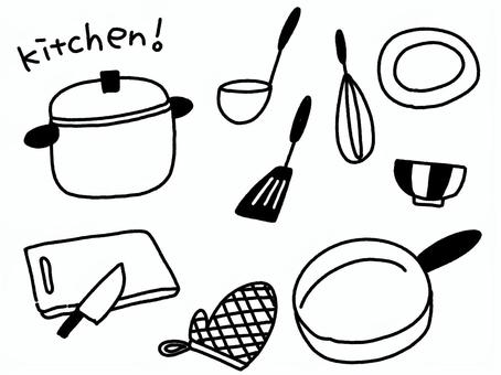 キッチン道具のイラスト 白黒 イラスト,セット,白黒,プリント,かわいい,手書き,ナチュラル,キッチン,料理,生活のイラスト素材