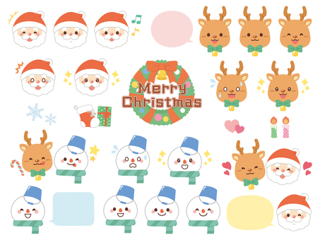 サンタとトナカイと雪だるまの表情セット クリスマス,吹き出し,ハート,12月,キラキラ,サンタクロース,あしらい,トナカイ,雪だるま,星のイラスト素材