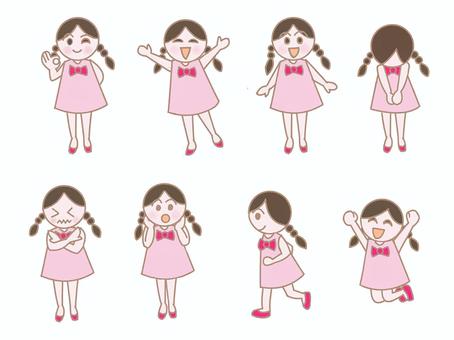 女の子　ポーズ 三つ編み,ピンク,表情,全身,リボン,百面相のイラスト素材