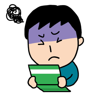通帳を見て困っている男性 人物,大人,二頭身,ポーズ,手描き,かわいい,表情,通帳,困る,悲しいのイラスト素材
