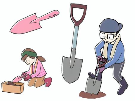 スコップを使う人のイラスト スコップ,男性,女性,園芸,道具,土のイラスト素材