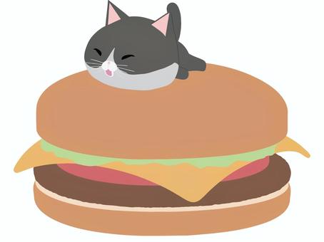 ハンバーガーと笑顔のはちわれ猫 ハンバーガー,猫,はちわれ,笑顔,動物,かわいい,ファストフードのイラスト素材
