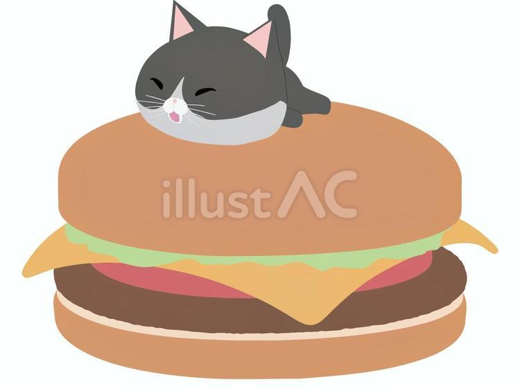 ハンバーガーと笑顔のはちわれ猫 ハンバーガー,猫,はちわれのイラスト素材
