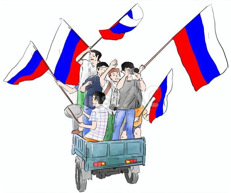 三輪車に乗ってロシア国旗を振る人達 ロシア,国旗,主張のイラスト素材
