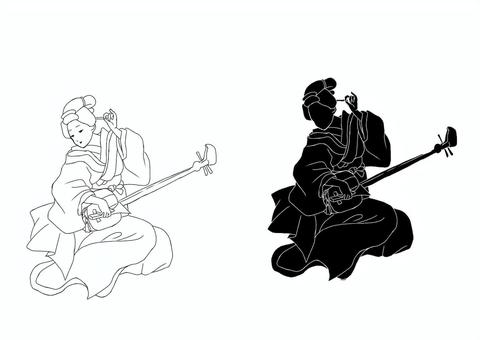 三味線と女性（線画） 女性,江戸時代,時代劇,三味線,楽器,人物,線画,シルエットのイラスト素材