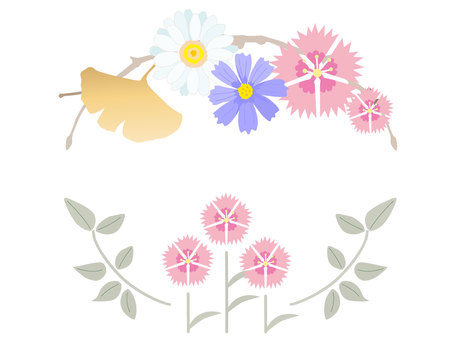 秋の飾り枠13＿秋の七草・なでしこ 秋,七草,花,ナデシコ,イチョウ,コスモス,植物,葉っぱ,飾り枠のイラスト素材