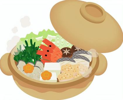 寄せ鍋 寄せ鍋 寄せ鍋,鍋料理,土鍋,湯気,白菜,春菊,しいたけ,ねぎ,海老,白身魚のイラスト素材