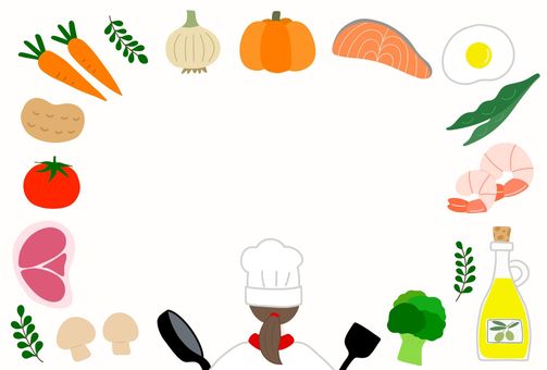 シェフと食材のフレームポストカード シェフと食材のフレームポストカード 食べ物,料理,シェフ,人物,女性,食材,野菜,肉,魚,かぼちゃのイラスト素材
