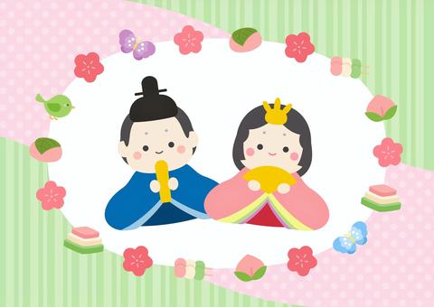 春のひな祭りのひな人形と和菓子と花 ひなまつり,春,ひな祭り,おひなさま,フレーム,背景,ひな人形,お雛様,枠,飾り枠のイラスト素材