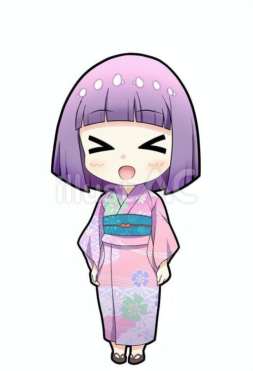 浴衣の女の子　ショートヘア　紫 浴衣,ちびキャラ,女の子のイラスト素材