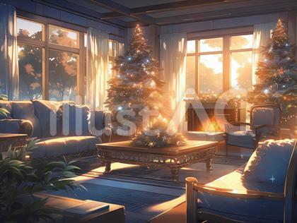 西日射すクリスマスツリーのある居間_背景